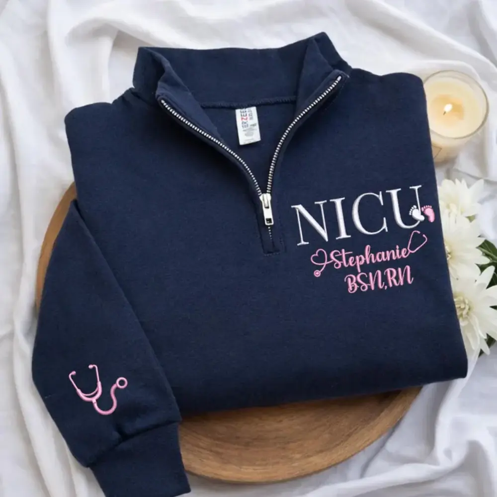 Personalized NICU Nurse Quarter Zip Sweatshirt, Custom Embroidered Name Pullover, Neonatal Nurse Crewneck, Cozy Medical Worker Outfit, Gift for NICU Staff