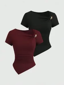 Women's Solid Color Knit Casual Asymmetric Neck Design Metal Button Slim Fit Short Sleeve Top, Perfect for Daily Fashion and Versatile Wear