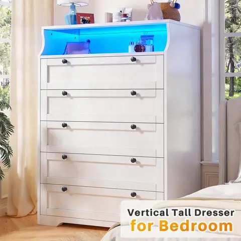 Raybee Modern 5/10 Drawer Dresser, with 16 Color RGB LED Lights & Remote Control, Large Storage Cabinet with Anti-Tip Device for Bedroom, Living Room, Office, Sturdy Wooden Dresser with Smooth Gliding Drawers, Easy Assembly Home Furniture Organizer