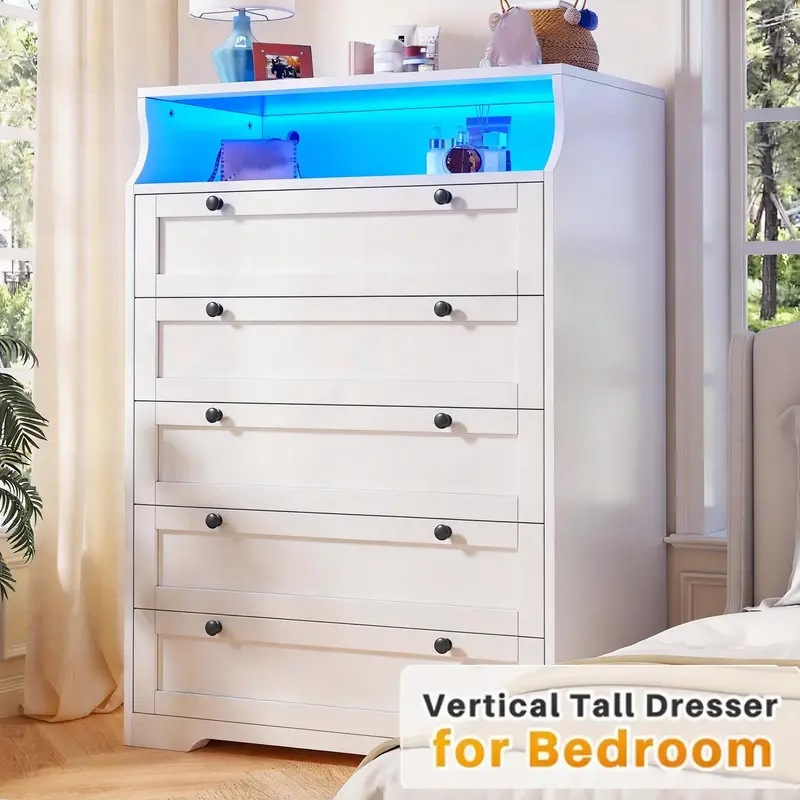 Raybee Modern 5/10 Drawer Dresser, with 16 Color RGB LED Lights & Remote Control, Large Storage Cabinet with Anti-Tip Device for Bedroom, Living Room, Office, Sturdy Wooden Dresser with Smooth Gliding Drawers, Easy Assembly Home Furniture Organizer