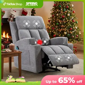 [SpringStatements] Manual Recliner Chair with Massage and Heat Ergonomic Overstuffed Breathable Fabric Reclining Chair with 2 Side Pockets, 2 Cup Holders, Remote Control, Living Room, Bedroom