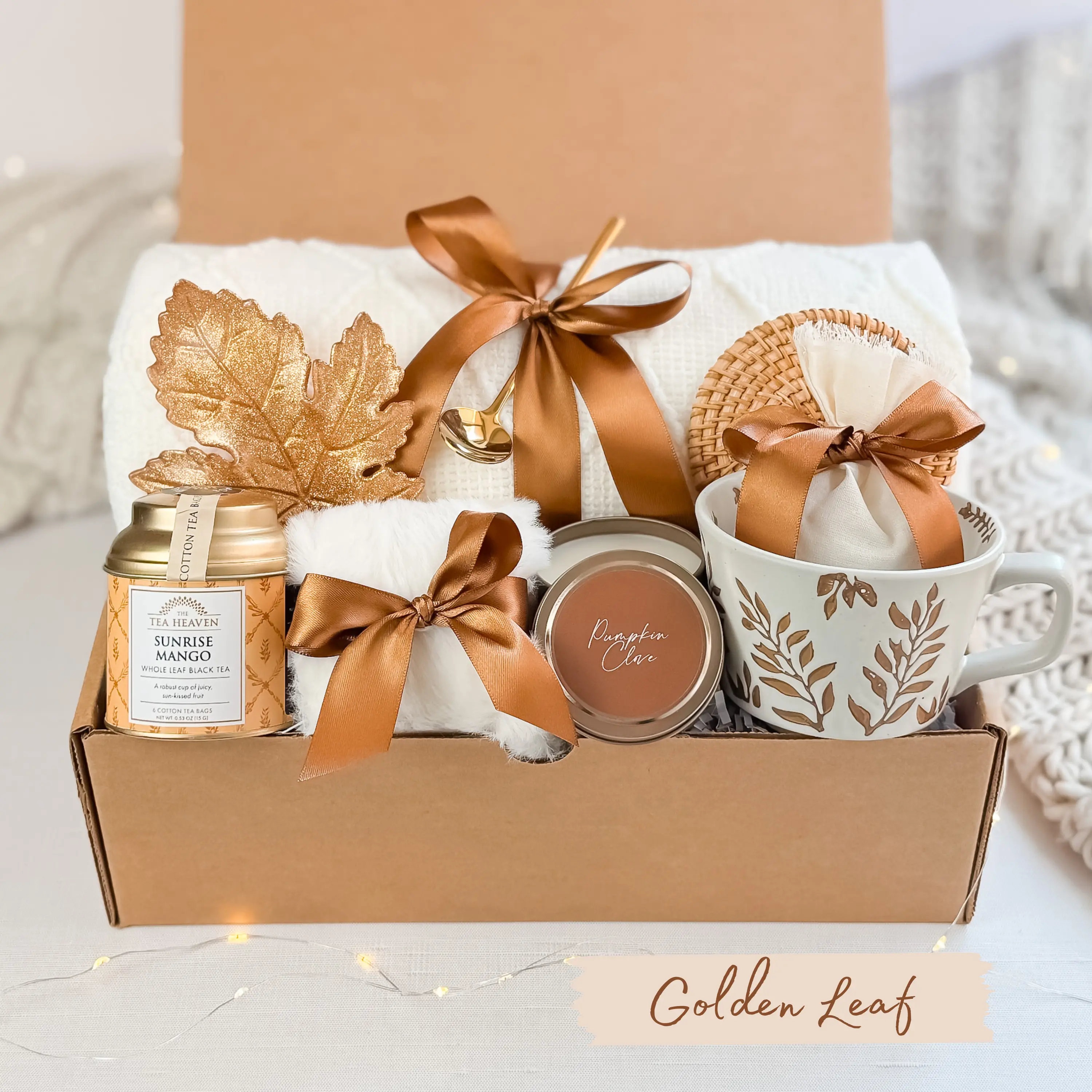 Golden Leaf Cozy Autumn Care Package - Fall Gift Box for Women with Mug, Candle, Socks & Chocolate | Thanksgiving & Birthday Gift Idea | Personalized Greeting Card Included