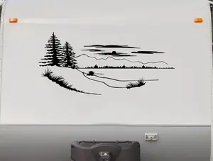 RV Camper Decal Sticker Lake Pine Tree Cabin Scene