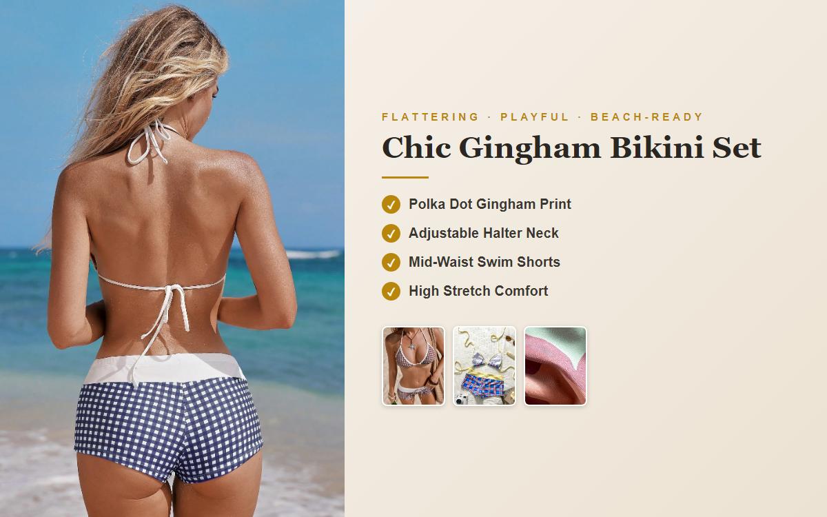 Bikini Set Brown Gingham High Waist Shorts Tropical Beach Vacation