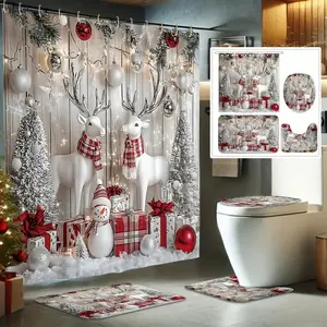 Christmas Winter Shower Curtain Set, Silver Color, Includes Tree Deer Gift Snowman, Washable, Holiday Bathroom Decor, 12 Hooks Included, Bathroom Decoration Accessories