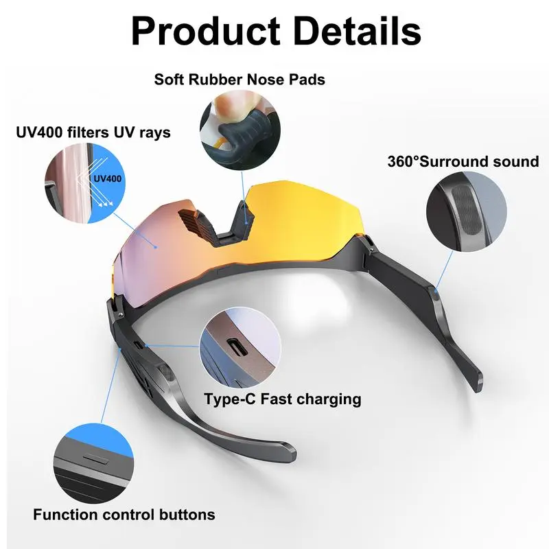 2026 Modern Unisex Adult Smart Glasses - Wireless Bluetooth 5.3 Open-Ear Headphones Sunglasses, UV400 Polarized Lenses, Built-in Mic, 5-Hour Battery, 44g Lightweight Music Player, USB Charging, Eye Care, Workout Equipment for Cycling & Daily Wear
