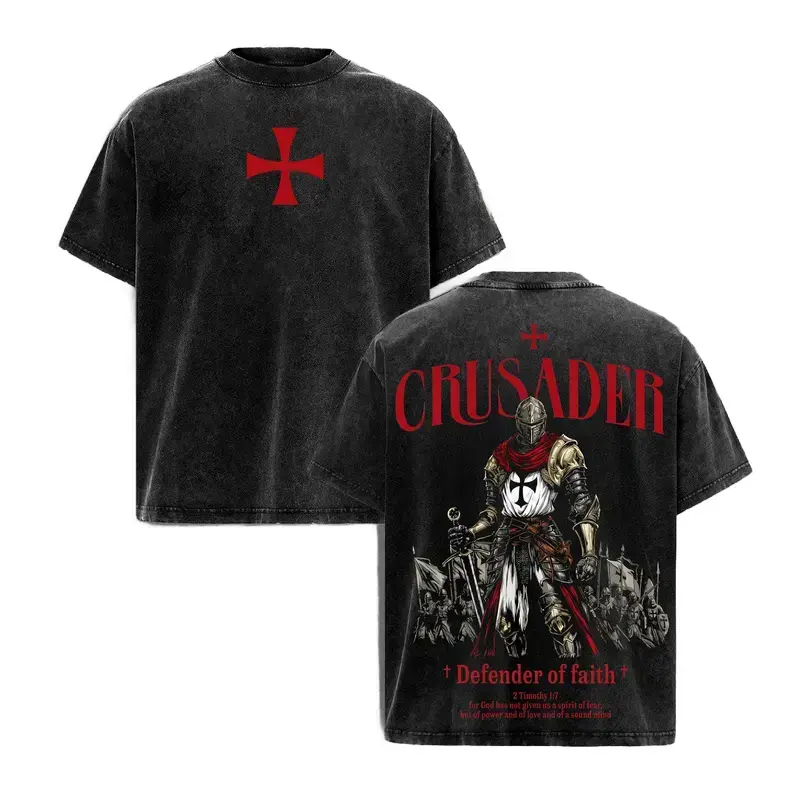 Menswear & Underwear,Men's Tops,T-shirts,Men's Short-sleeve T-shirts, Retro Crusader Templar T-Shirt - Wash Charcoal Red Cross Graphic Tee, Oversized Christian Apparel Heavyweight Pump Cover Tshirt