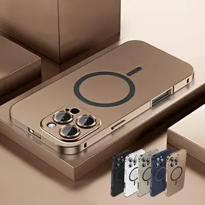 Alloy Aluminum Metal Magnetic Case for iPhone 16 15 14 13 12 Pro Max, Ultra ThinPhone Case Full Coverage Lens ProtectiveWireless Charging Protective Cover(14Promax-Champagne Gold)