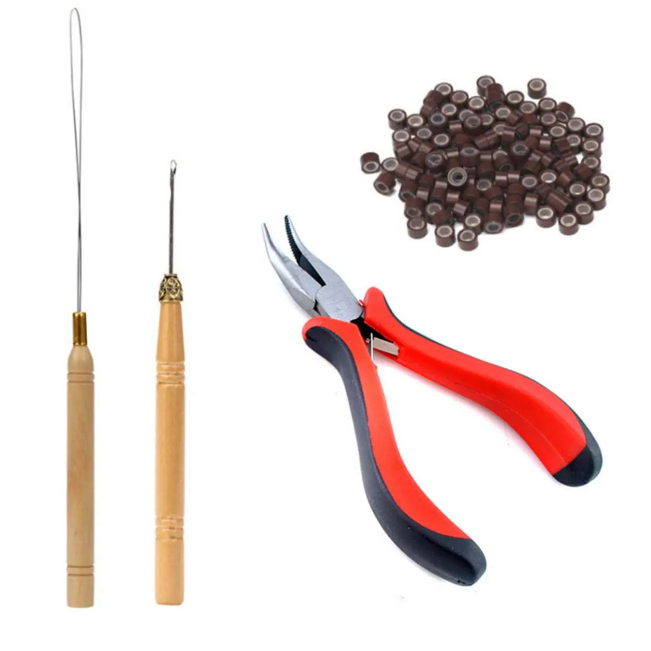 Brown Hair Extension Removal Tool Kit, Salon-Use Haircare Pack with Heatless Pliers, Pulling Hook & 500 Micro Silicone Rings Beads for Professional Hair Styling Accessories