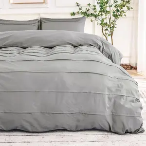 100% Washed Duvet Cover Twin Size, Linen Pleated Duvet Cover Light Grey, 2pc with Closure,, Lightweight and (68"x90", No Comforter)
