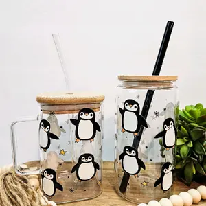 Cute Dancing Penguins glass cup, Penguin Glass Tumbler, 16oz penguin glass can with lid and straw, 20oz square penguin glass Drinkware Bamboo