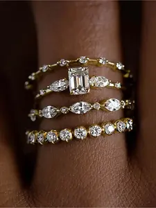 4 Pc/Set Exquisite Zircon Rings for Women, Dainty Stacking Rings, Trendy All-match Engagement Wedding Jewelry for Party Daily Decor Accessories As Anniversary Birthday Valentine's Day Gift