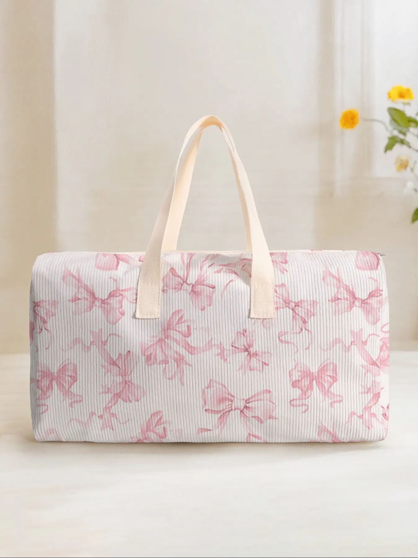 Large Capacity Corduroy Travel Bag Luggage Backpack, Portable Travel Bag, Gym Weekender Bag, Bow Pattern Printed, Casual Yoga Fitness Handbag, Ideal for Short Trips Weekend Outing Daily Commute