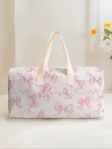 Large Capacity Corduroy Travel Bag Luggage Backpack, Portable Travel Bag, Bow Pattern Printed, Casual Yoga Fitness Handbag, Ideal for Short Trips Weekend Outing Daily Commute