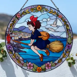 Kikis Delivery Service Stained Glass Suncatcher – Studio Window Hanging – Handmade Anime Glass Art Decor – Kiki Anime Lover Gift