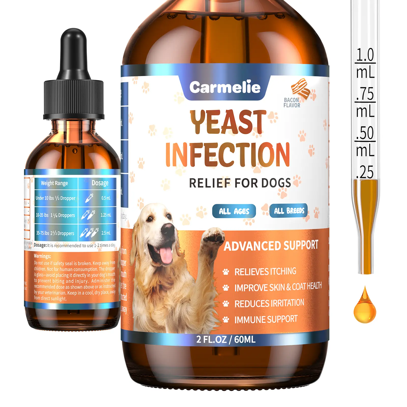 #Summervibes #petlovers Carmelie Dog Ear & Skin Relief Drops, Yeast Infection Treatment for Dogs – Bacon Flavor 60ml | Soothes Itching, Supports Healthy Ears & Skin, Allergy Relief for Puppies & Dogs