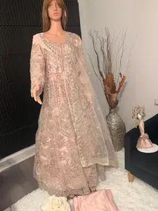 Elegant Blush Pink Embroidered Maxi Dress 3pc with Sheer Dupatta and Pants | Luxury Formal & Wedding Wear