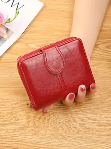 Vintage Oil-Wax PU Leather Short Wallet for Women - Compact Zip Around Bifold Purse with Snap Button Closure, ID Window, Multiple Card Slots & Cash Compartment, 6 Color Options, Durable Stitching, Lightweight Mini Size Perfect for Daily Carry, Travel
