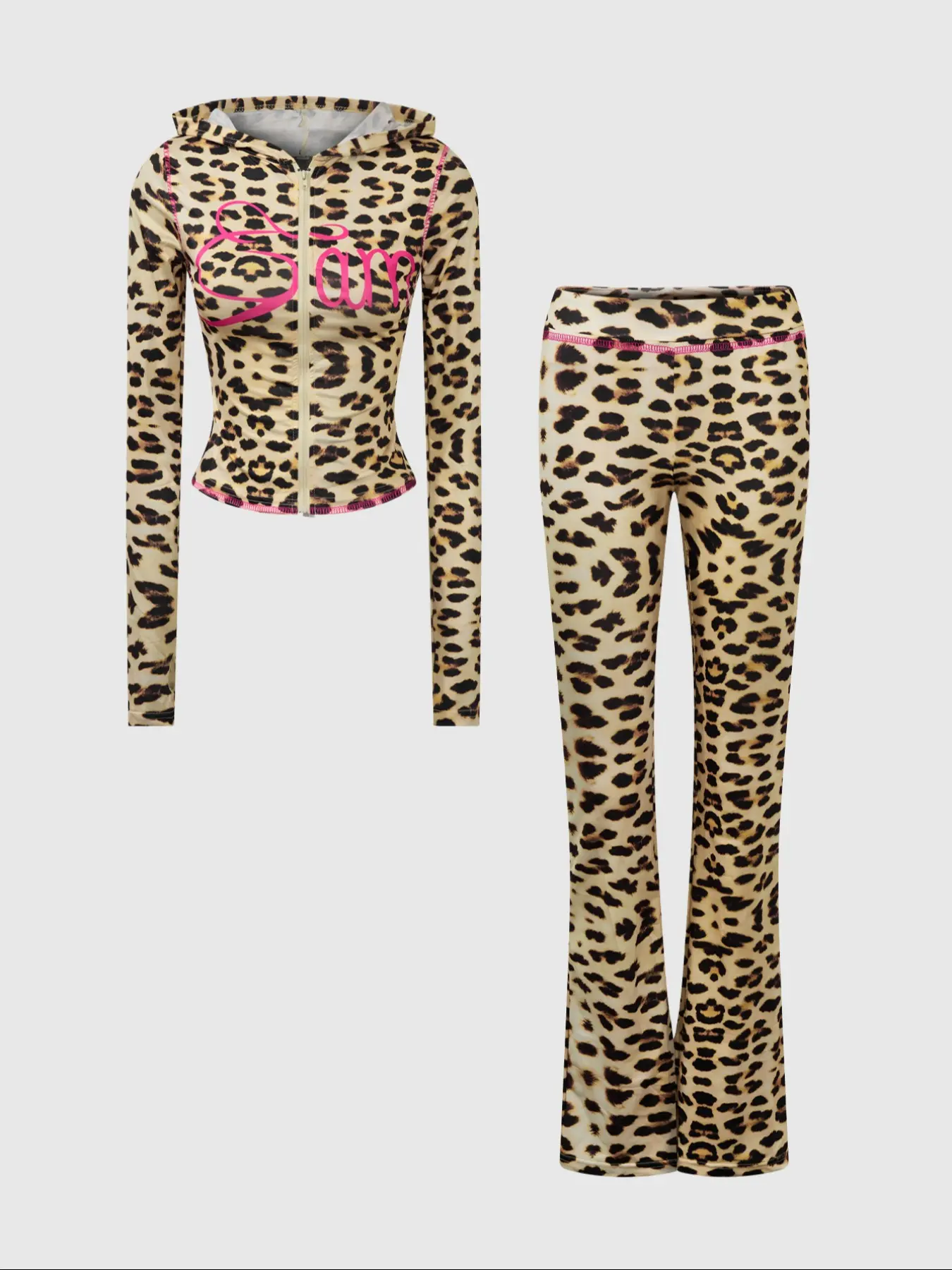 Women's Leopard Print Hooded Zipper Short Jacket Matching Set Coord Sets, Letter Printed Slim Fit Stretchy Elastic Long Sleeve Cardigan, Fashion Street Style Spring & Fall Outfit