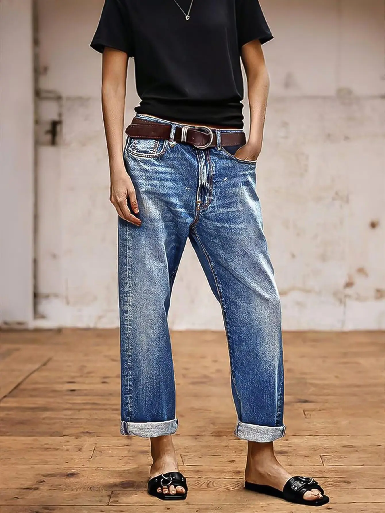 Women’s Straight Leg Jeans, Vintage Washed Relaxed Fit Denim Pants with Pockets, Casual Cuffed Boyfriend Jeans Bottoms Everyday