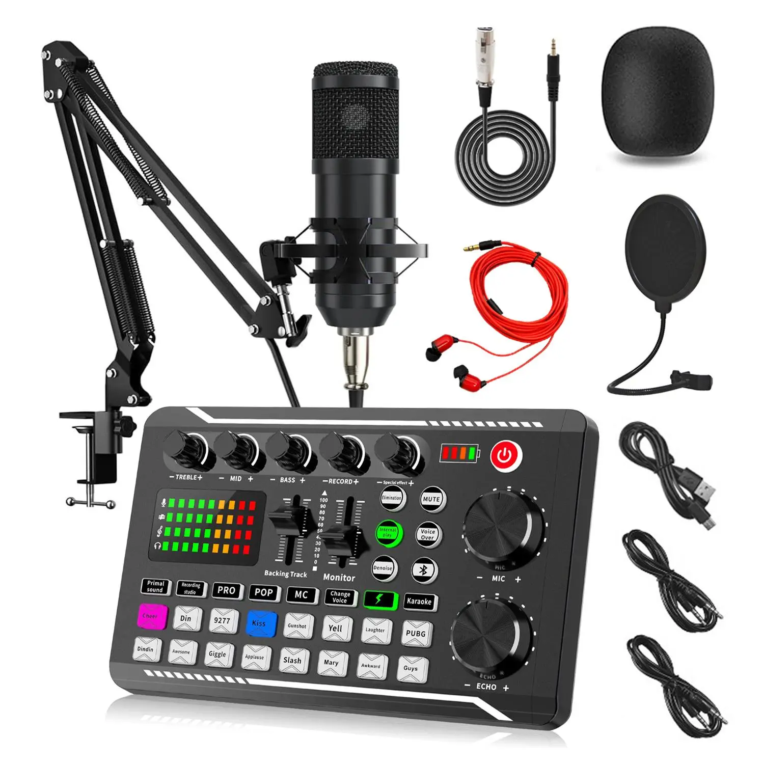F998 Wireless Bluetooth Live Sound Card with Mic, Voice Reverb Changer & Music Control Mixer for Smartphones, Computers - Podcast, Gaming Live Broadcast Use