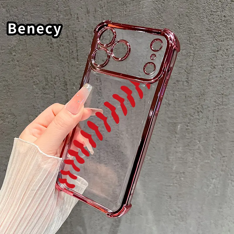 Silicone Smartphone Case for iPhone 17 Pro Max, 16, 15 Plus, 14, 13, 12, 11, E - Baseball Stitch Grace Pattern, Transparent, Full Lens Protector, Non-Slip, Slim Fit, Drop-Proof, Anti-Drop Cellphone Protection Accessory