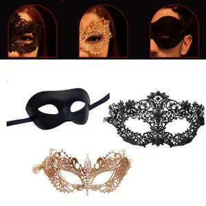 Masquerade Mask for Couples Women and Men - 3 Pack Venetian Gold and Black Lace, Mardi Gras Mask