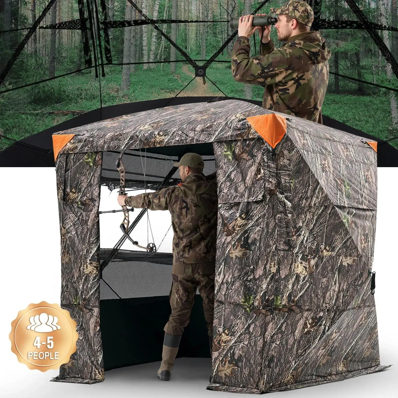【Summerfinds】VEVOR Hunting Blind for Adults - 4-5 Person See-Through Ground Blind with Portable Setup, 270-Degree Camouflage Tent, Silent Magnetic Doors, Durable Concealed Shelter & Carrying Bag, for Turkey Hunting, See-Through View, Group Capacity, 270-D