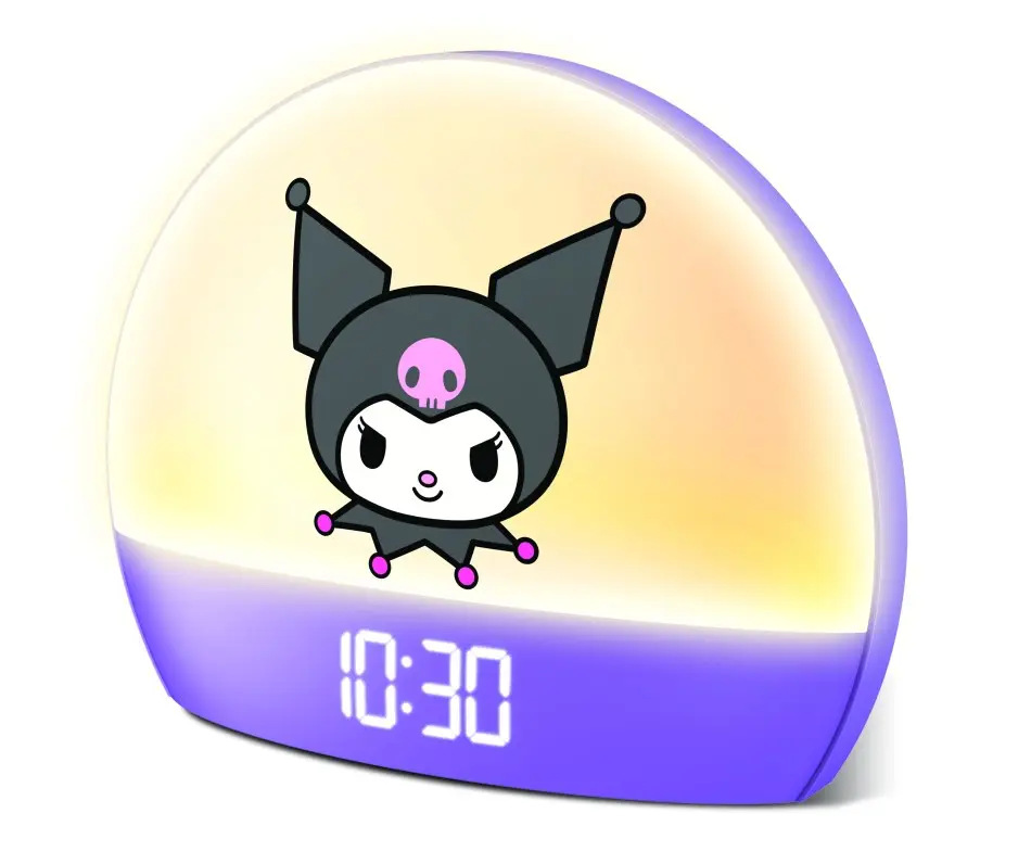 Hello Kitty Kuromi Cartoon Cute Alarm Clock - USB-Powered LED Digital Desk/Bedroom Clock, 6 Color-Changing Modes, Interactive Function, USB Port, Casual Glow, Sunrise Light, Traditional Date Display, Purple Kids Home Decor