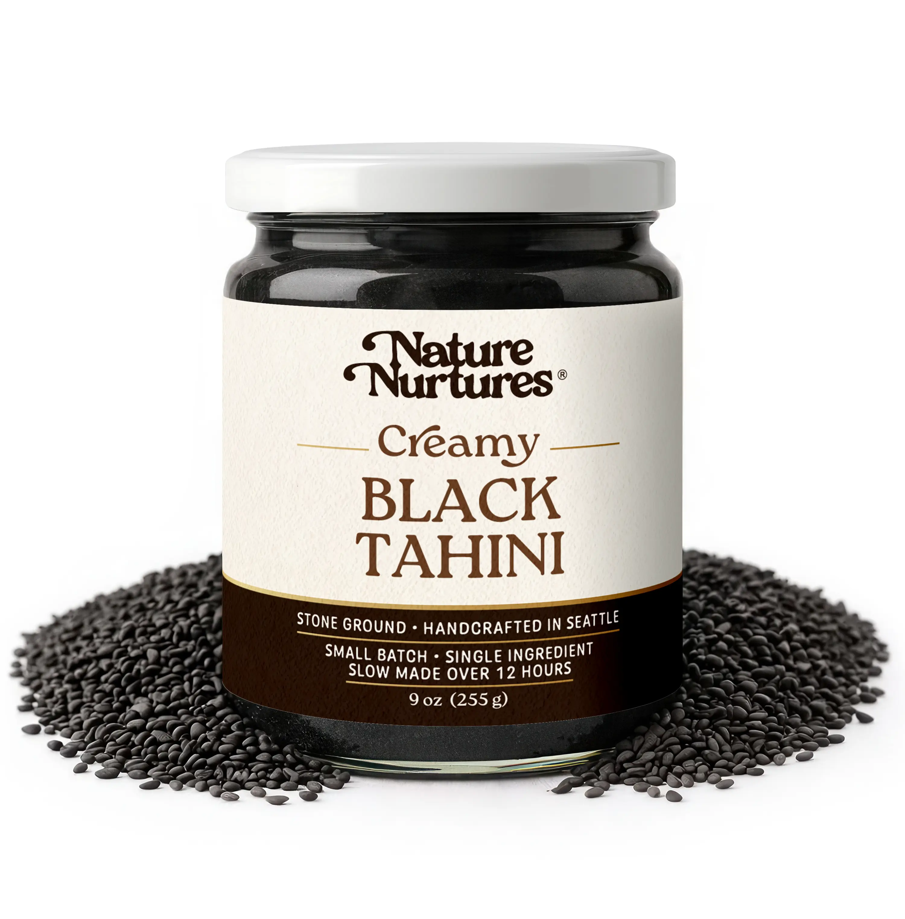 Creamy Black Sesame Tahini · Raw Black Sesame Paste for Toast, Baking, Smoothies & Savory Spreads · Stone Ground for 12 Hours · Single Ingredient · Small Batch · High Protein · No Added Sugar · No Palm Oil · Packed in Glass Jar · 9 oz (255 g)