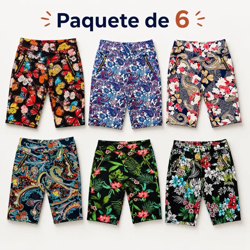 6-Pack Women’s Printed Bermuda Shorts with Zipper Pockets – Assorted Designs size S/M L/XL Paquete de 6 bermudas estampadas para mujer con bolsillos de cierre – Diseños variados
