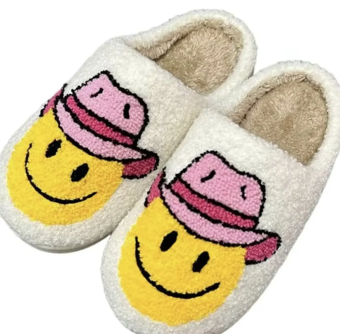 Women's Cartoon Smiley Face Plush Slip-On Ankle Slippers - Slip Resistant, Synthetic, Cushioned, Soft, Thick Indoor/Outdoor Holiday Casual Footwear, Slip Resistant Shoes, Cute Casual Shoes