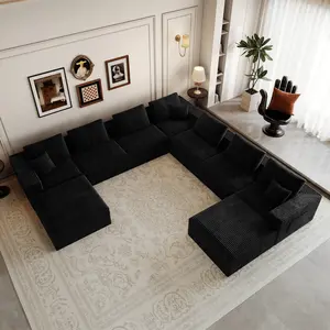 Niccae 9-Piece Modular Sectional Couch, 141.73x141.73in Plush Corduroy Upholstered Compressed Sofa, No-Assembly Required Free Combination Living Room Furniture (Black)
