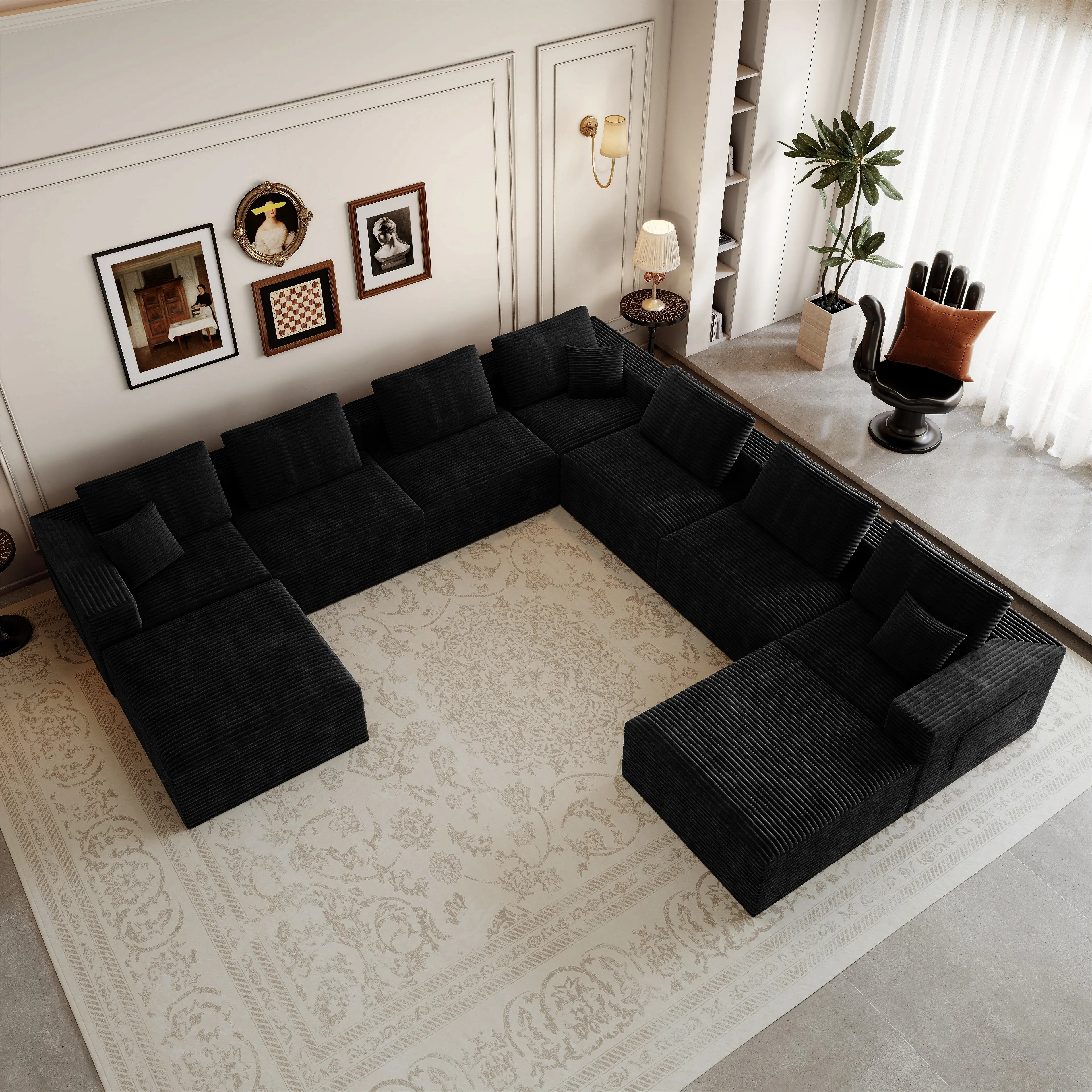 Niccae 9-Piece Modular Sectional Couch with Chaise Lounge, Reversible Seating & Unwrap & Relax No-Assembly, Plush Corduroy Upholstered 141.73x141.73in Corner Layout Indoor Apartment Furniture (Black), Apartment Decor Ideas
