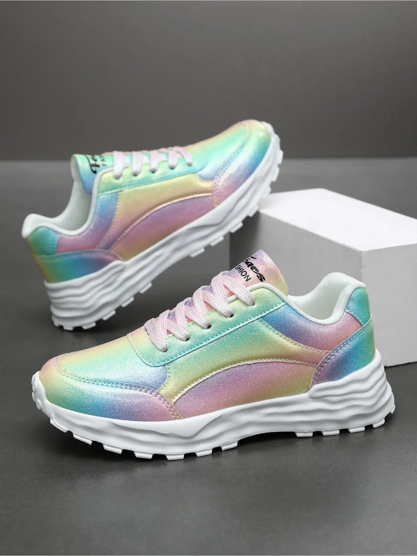 Dreamy Rainbow Gradient! Women's Glitter Platform Athletic Sneakers, Soft-Sole Versatile Casual Shoes, Ideal for Commuting & Walking