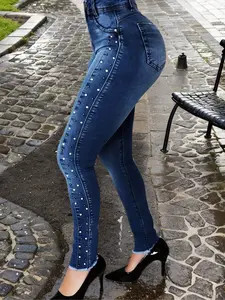 Women's Elegant Chic High Waist Tight Fit Butt Lifting Casual Elastic Denim Jeans Slim Skinny Bottom Pants, Fashion Pearl Decoration