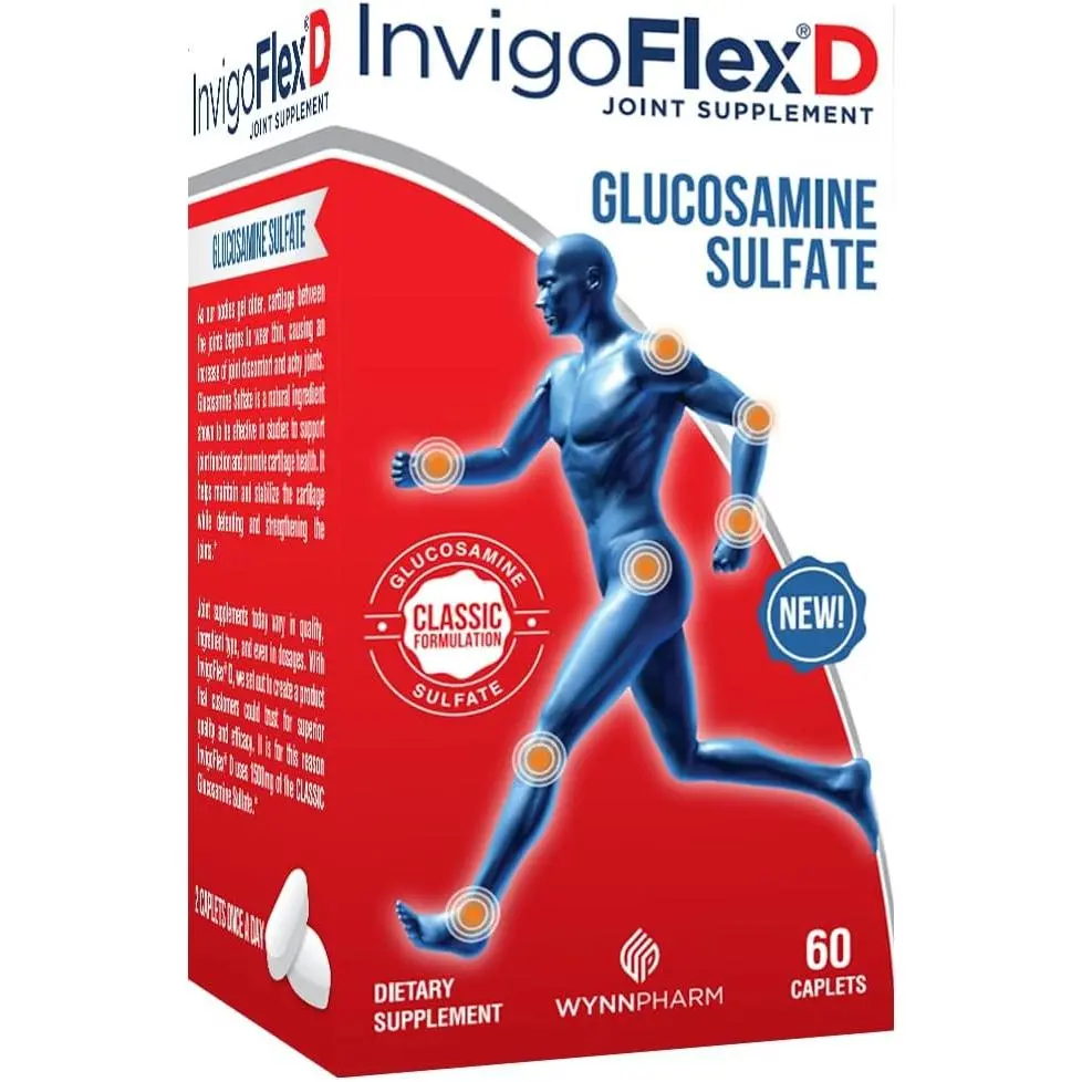 INVIGOFLEX® D - 1500mg of Glucosamine Sulfate (Classic Formulation) - Premium Joint Supplement for Knees, Hands, Back, & Hip Support D: Glucosamine Sulfate, Caplets - 60 Ct