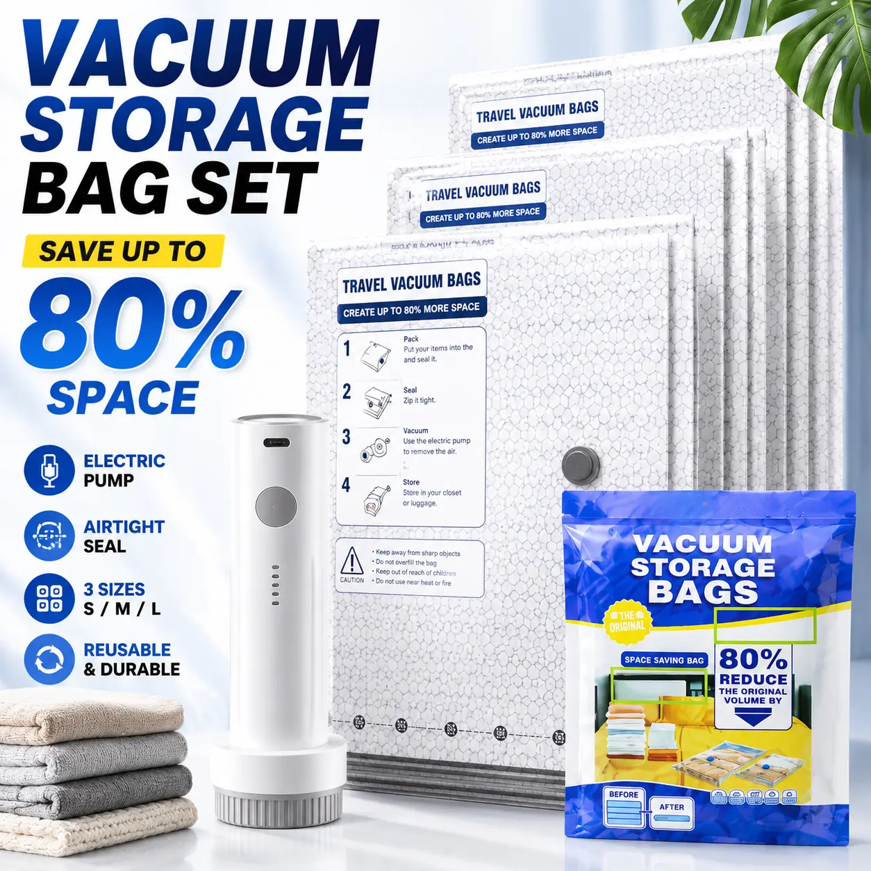 Travel vacuum bag with rechargeable electric pump, compression storage bag, space-saving sealed bag for vacation cruise