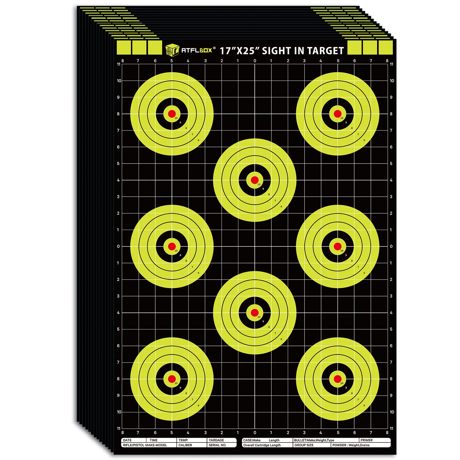 Atflbox 17x25 in High-Visibility Bullseye Target, Sight-In Shooting Range Equipment for Hunting & Outdoor Sports, Paper, Large Area, 17X25 Inches, Mountable, High Vis., Grid Lines, Eight Shooting Zones