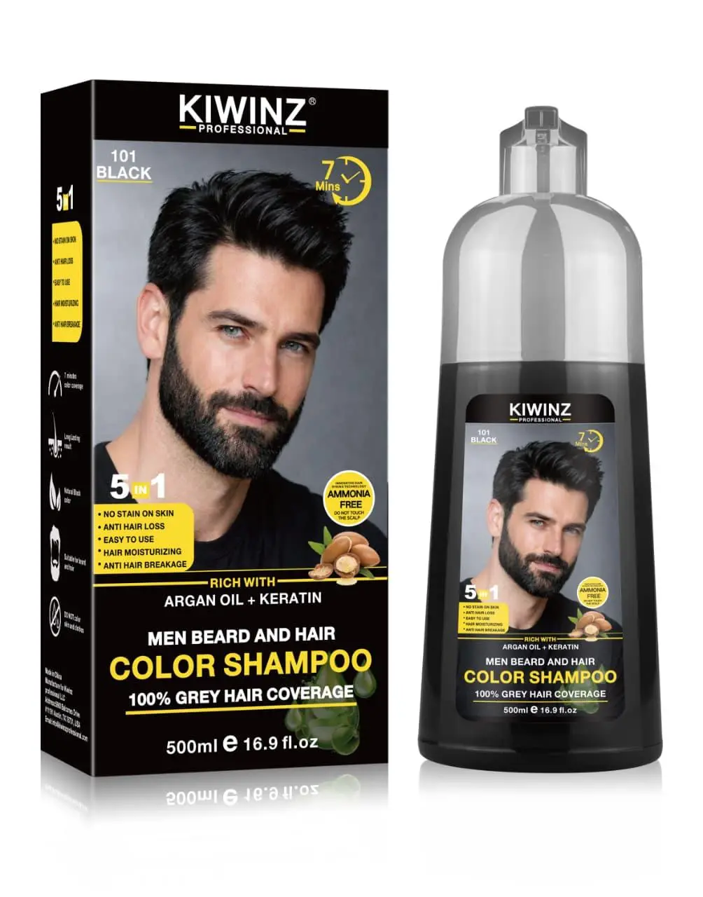KIWINZ PRO 5 in 1 Men Beard & Hair Dye Shampoo - 5-in-1 Formula with Argan Oil & Keratin - No Stain on Skin - Anti-Hair Loss - Moisturizing & Breakage Solution - Hair Color Shampoo for Men Haircare Conditioner 500ml