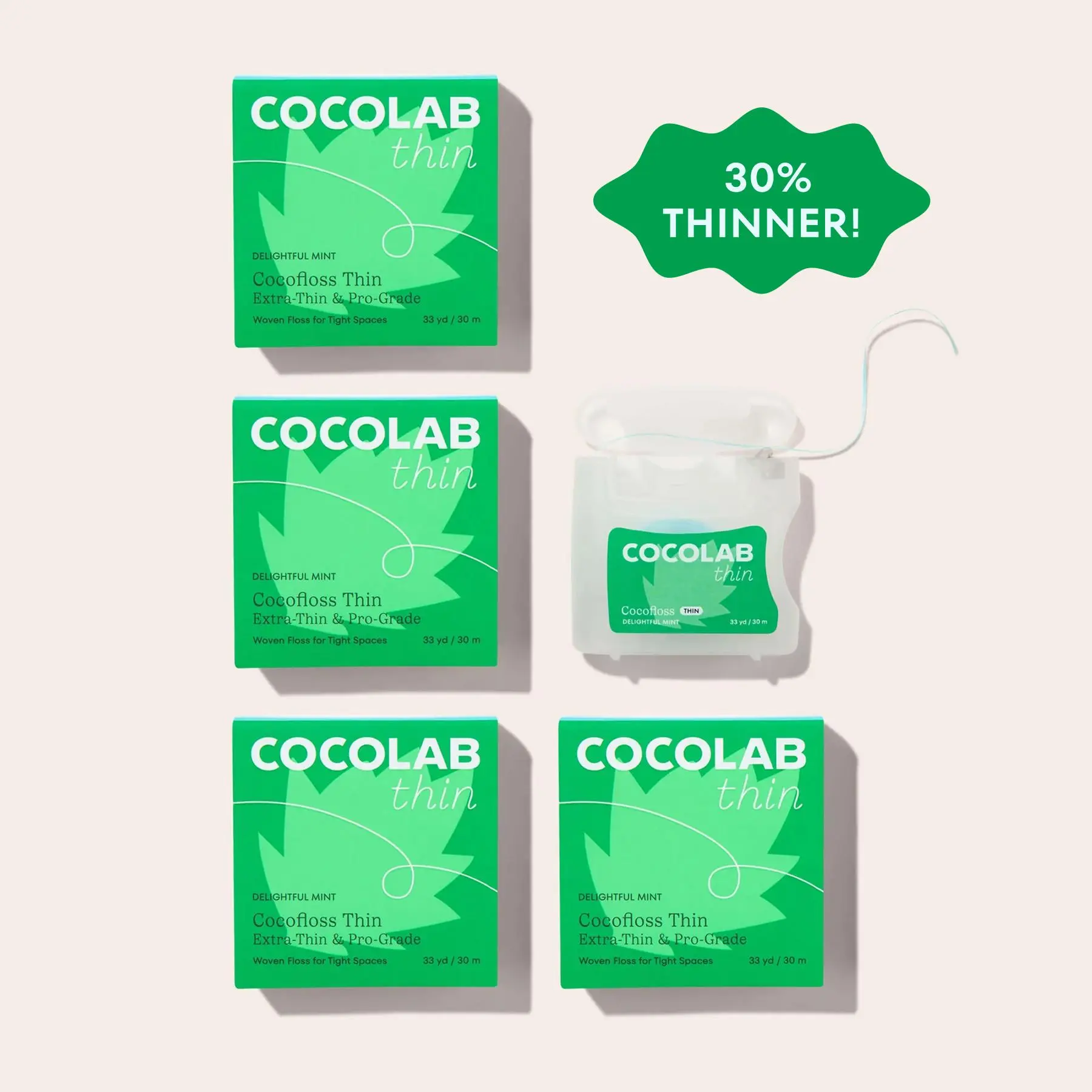 COCOLAB Cocofloss Thin Dental Floss - 4 Pack  Delightful Mint, 30% Thinner, Same Scrubby Texture