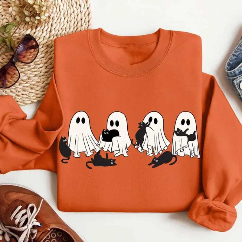 Сute Ghost Black Cat Shirt - Sweatshirt - Hoodie, Ghost Black Cat Shirt, Black Cat Halloween Shirt, Cat Lovers Shirt, Cat Halloween Shirt, Halloween Cat Shirt, Full Color, For Men, For Women, Casual, Classic Fashion, Full Sizes, Tee Print