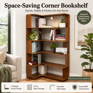 Super 5-Tier L-Shaped Corner Bookshelf 35.4 Inch Wooden Bookcase Freestanding Open Display Shelf with Anti Tipping Space Saving Home Organization Furniture for Living Room Home Office Aesthetic Apartment Decor Lifestyle Solutions