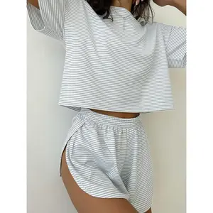 Striped Print Two-Piece Pajama Set for Women |   Drop Shoulder Tee & Wrap Split Shorts |   Comfy Short Sleeve PJs with Elastic Waist |   Spring & Fall Loungewear & Nightwear