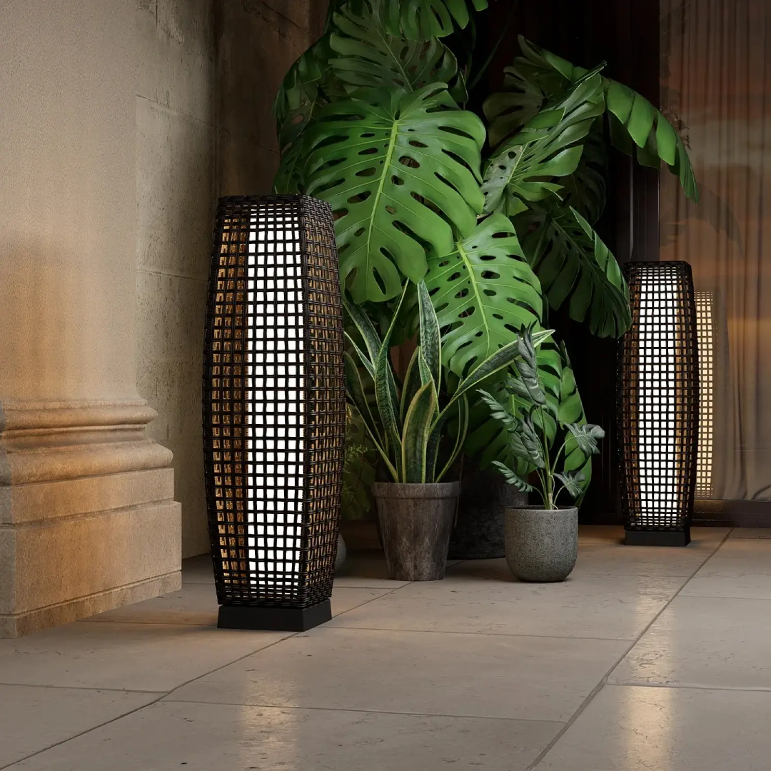 GRAND PATIO Drum Shape Solar Outdoor Floor Lamp, Dark Brown Wicker Lantern for Patio & Garden, Auto On/Off, Waterproof, No Wiring