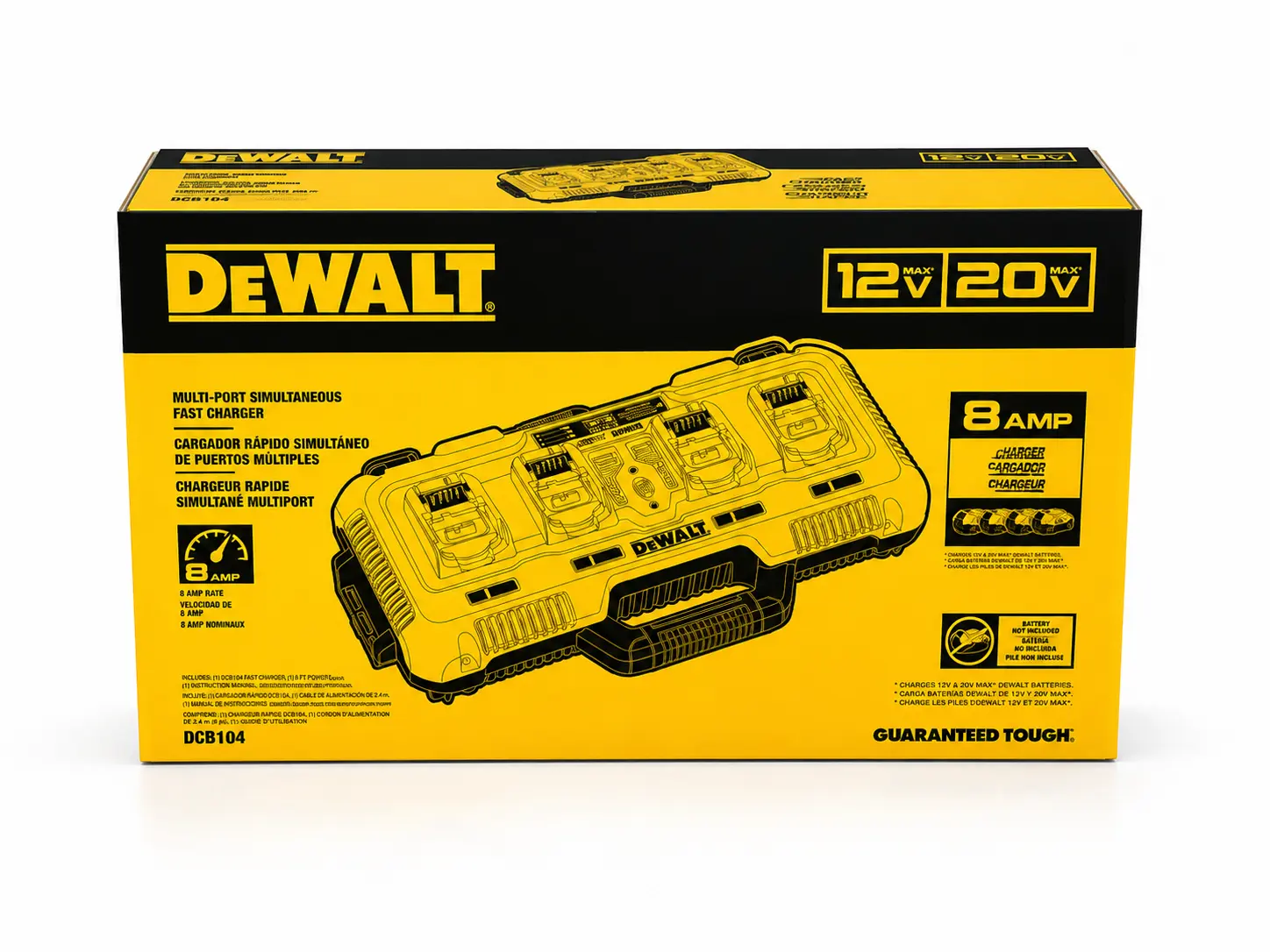 100% Genuine DEWALT DCB104 8 Amp 4-Port Simultaneous Fast Charger for 12V MAX, 20V MAX & FLEXVOLT 60V Lithium-Ion Batteries