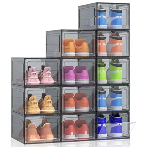 Clear Black Shoe Boxes 12 Pack, Stackable Shoe Storage Organizer with Magnetic Drop Front Door, Transparent Plastic Sneaker Display Cases for Closet, Space Saving Shoe Containers for Bedroom, Entryway and Home Organization