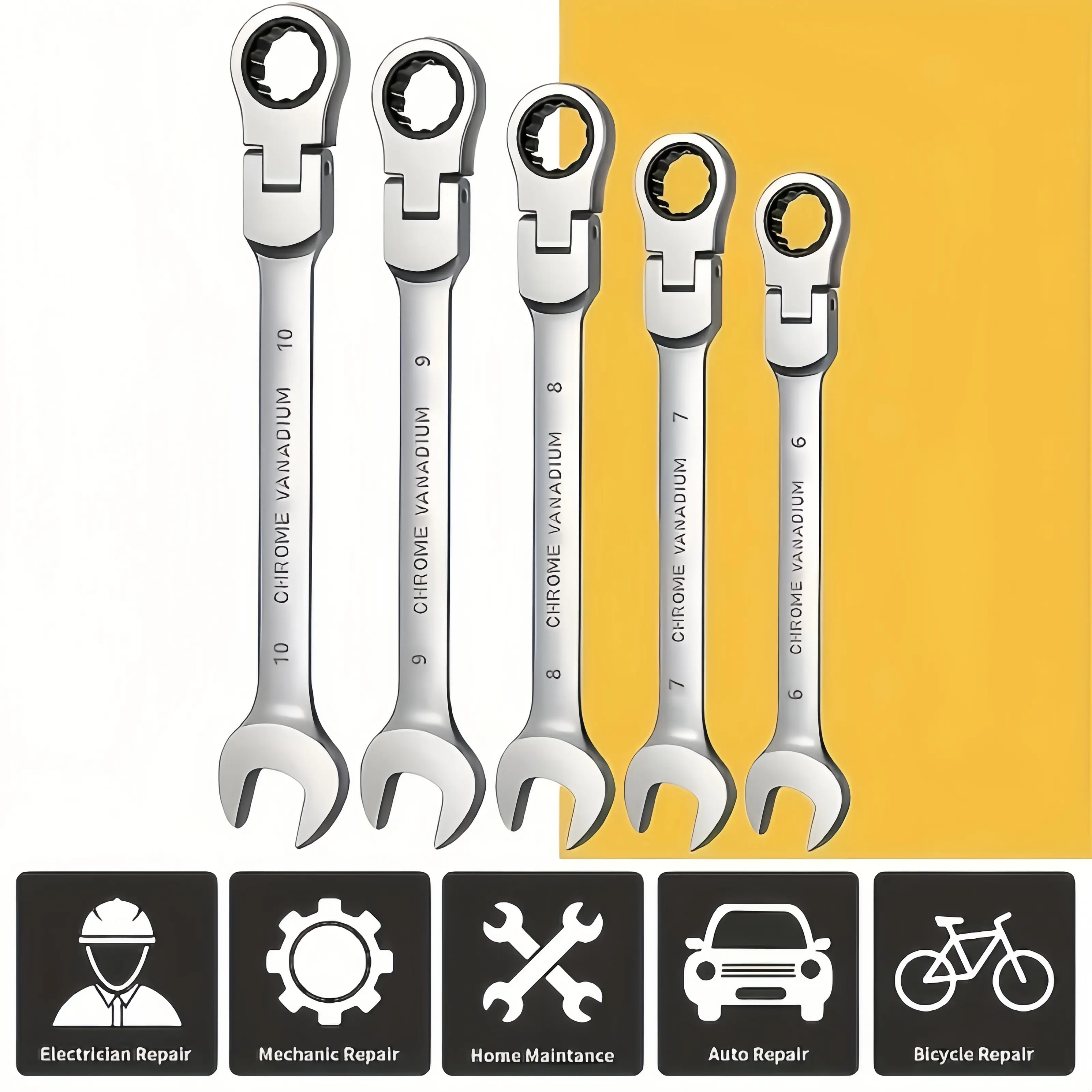 5PCS Flexible Multi-PurposeRatchet Combination Wrench Set, 6/7/8/9/10mm Metric 180° Swivel Head Open & Box End Spanner Kit, CR-V Steel Hand Tools for Auto Bicycle Electrician Household Mechanical Repair