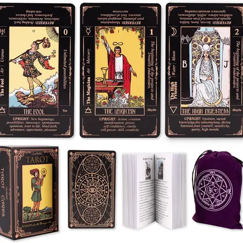 Beginner-Friendly English Classic Tarot Card Game Deck - 350gsm Cardstock, 4.72" x 2.75", Upright-Reverse Meanings, Elemental Context Color Guidebook, Classic Waite Symbolism (Black) for New Enthusiasts