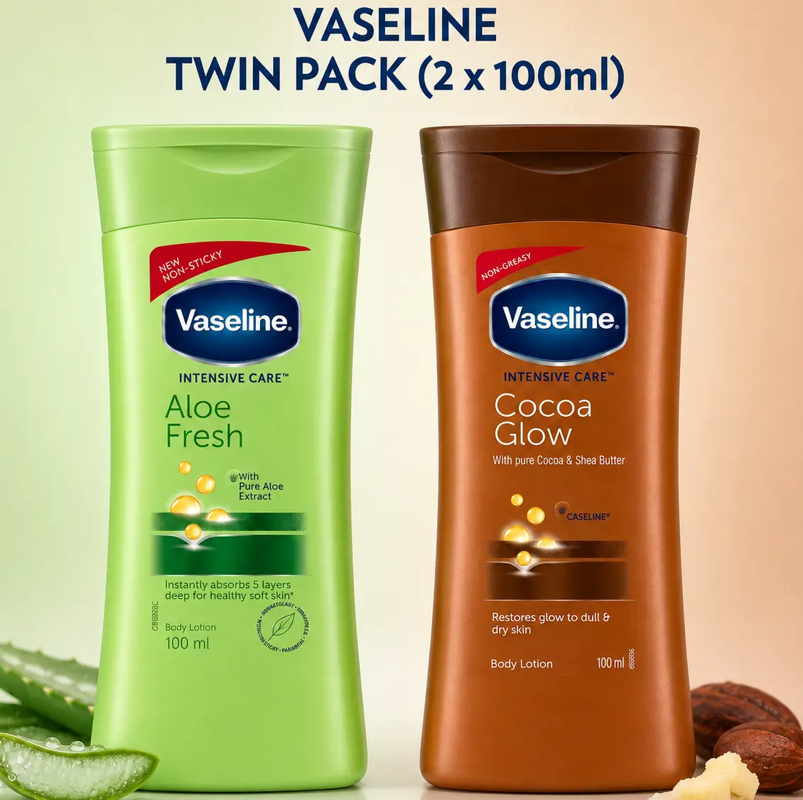 Vaseline Intensive Care Moisturizer Variety Bundle - 2-Pack (100ml/3.4oz) Aloe Fresh & Cocoa Glow Mix Set, Body Care for All Skin Types with Deep Hydration, Twin Pack